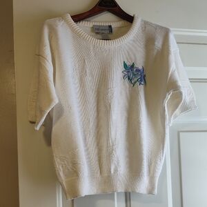 Doncaster White Sweater with Blue and Green Floral Accent